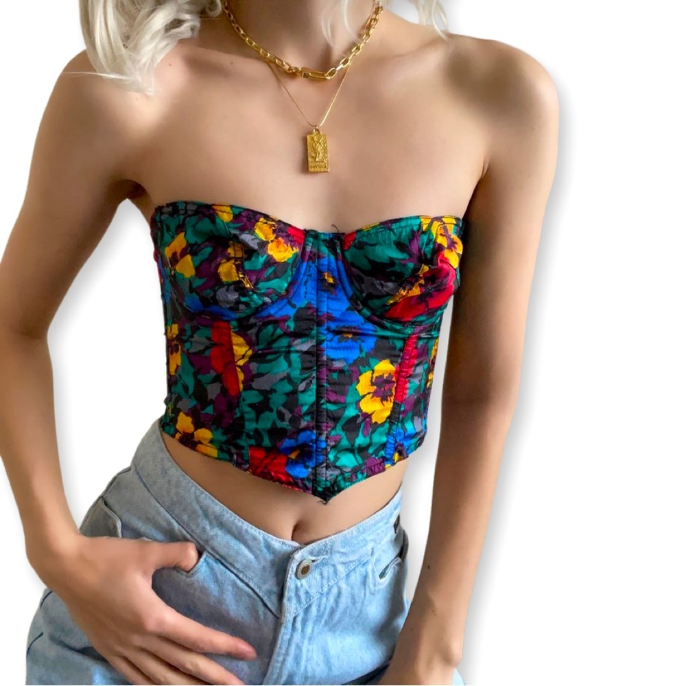 Vintage Empire Intimates  70s multicolor bold floral bustier, size 34B